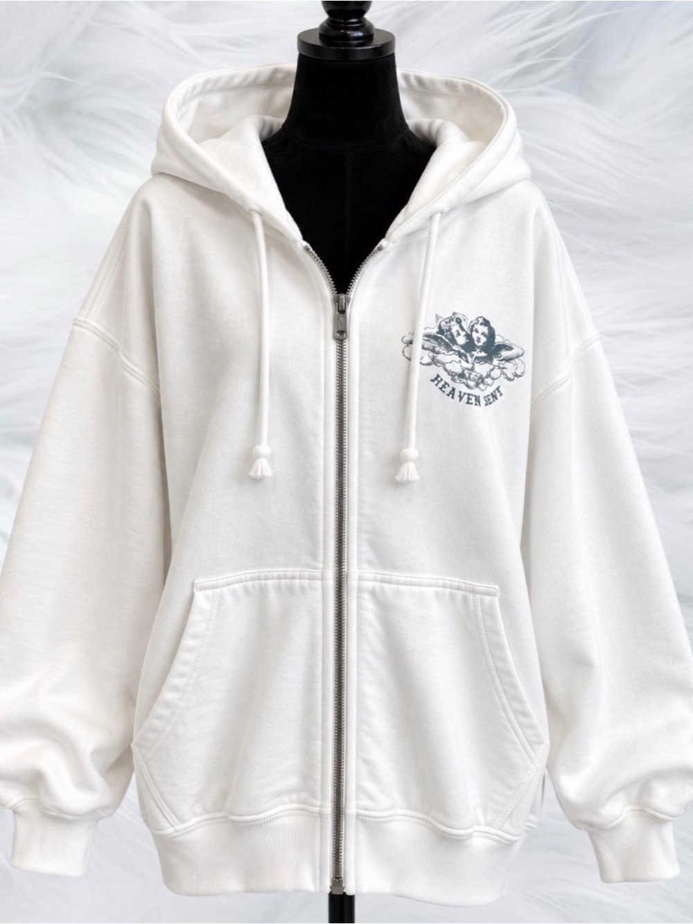 John Galt Heaven Scent White Zip-Up Hooded Jacket with Angel Graphic